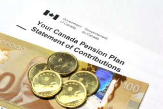 A Canada Pension Plan Statement of Contributions with a 100 dollar banknote and dollar coins.